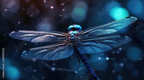 Electric blue dragonfly, its delicate wings spread wide against a monochrome backdrop.
