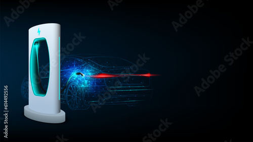 Electric car at charging station. Abstract Electric Power Charger EV Clean Energy Alternative Energy electric charger concept. Electronic vehicle power dock. Vector illustration.