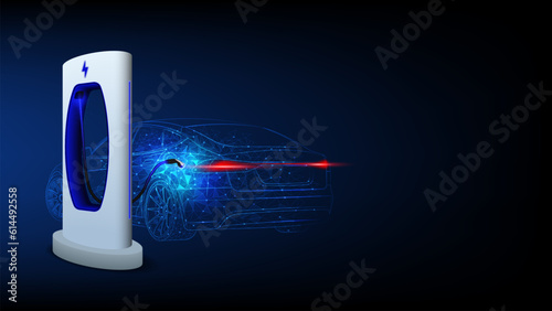 Electric car at charging station. Abstract Electric Power Charger EV Clean Energy Alternative Energy electric charger concept. Electronic vehicle power dock. Vector illustration.