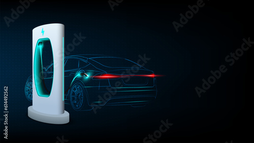 Electric car at charging station. Abstract Electric Power Charger EV Clean Energy Alternative Energy electric charger concept. Electronic vehicle power dock. Vector illustration.