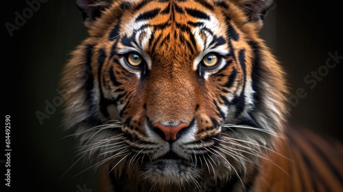 Radiant yellow - gold lion, its intense gaze directed towards the camera against a monochrome background.