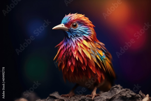 Abstract animal little Bird portrait with multi colored colorful on wings and feathers paint, Vibrant bright gradients tone, with Generative AI.