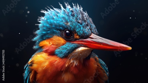 Brilliantly colored kingfisher, its vibrant feathers and sharp beak capturing attention against the monochrome backdrop. © MADMAT