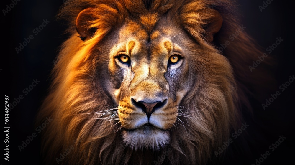 Yellow - gold lion, its intense gaze directed towards the camera against a monochrome background.