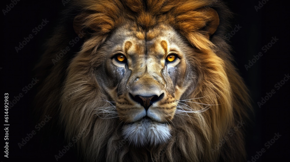 Yellow - gold lion, its intense gaze directed towards the camera against a monochrome background.