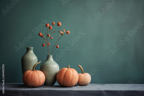 autumn still life with pumpkins and a vase of flowers  cozy atmosphere and pastel colors. ai generative