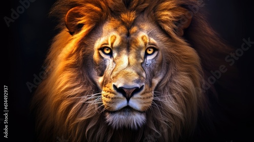 Yellow - gold lion, its intense gaze directed towards the camera against a monochrome background.