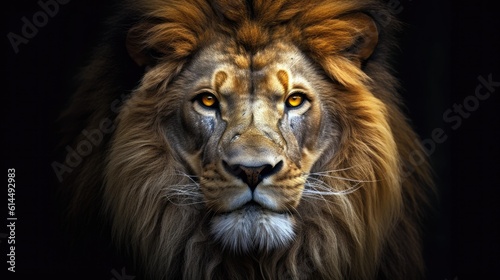 Yellow - gold lion, its intense gaze directed towards the camera against a monochrome background. © MADMAT