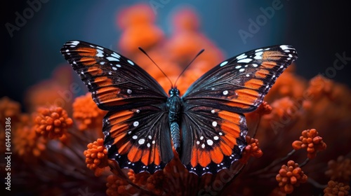 Vibrant orange and black monarch butterfly, set against a monochrome backdrop. © MADMAT