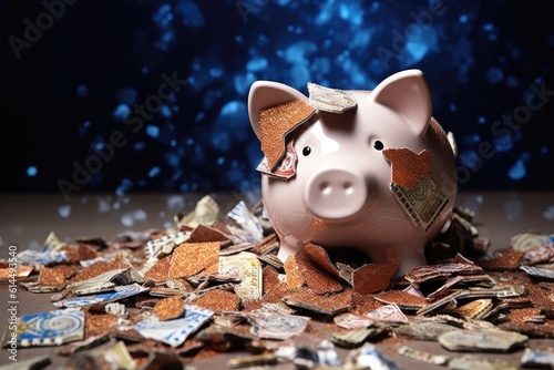 A close - up photo symbolizing the global financial crisis. The image focuses on a shattered bank piggy bank lying on a pile of crumbling banknotes and broken coins. Generative AI