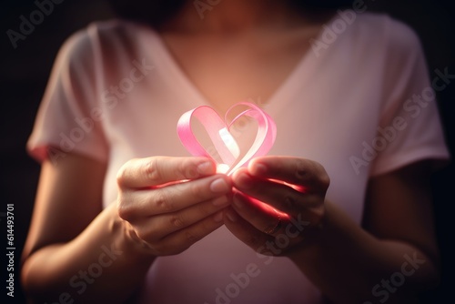A close - up photography focusing on a woman's hands forming a heart shape with a pink ribbon against a soft pink background. Breast Cancer. Generative AI photo