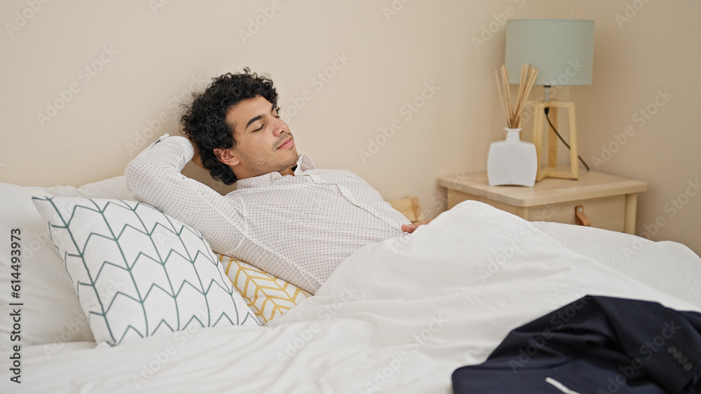 Young latin man business worker sleeping at hotel room Young latin man business worker sleeping at hotel room