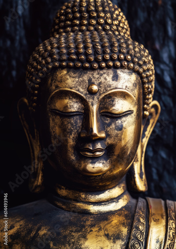 Detail to face of golden metal Tathagata Buddha statute, Generative AI © Lubo Ivanko