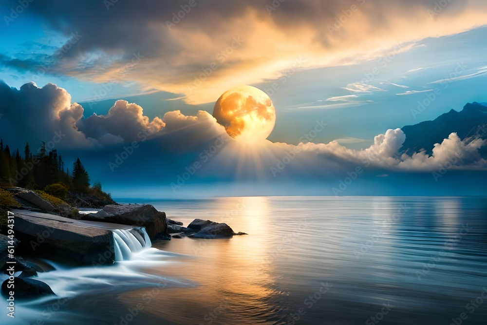 Beautiful sunset on the beach with rocks and mountains reflected in water Beautiful sunset on the beach with rocks and mountains reflected in water