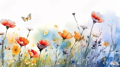 multicolored wildflowers watercolor field drawing summer. generative ai © kichigin19