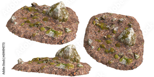 3d illustration of moss covered rocks, set on dry leaves isolated on transparent background