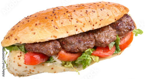 grilled meatballs sandwich with tomatoes, onion and lettuce