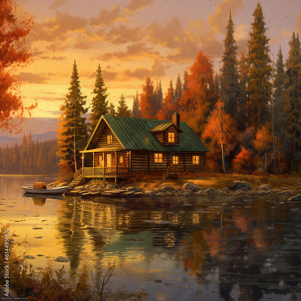 Fototapeta premium a paint cabin by lake with winter cabin by glowing lake with Acrylic Generative AI