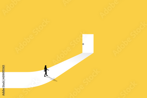 Businesswoman follow a path for business opportunities. visionary leadership different business routes. Symbol of ambition, motivation and long road ahead