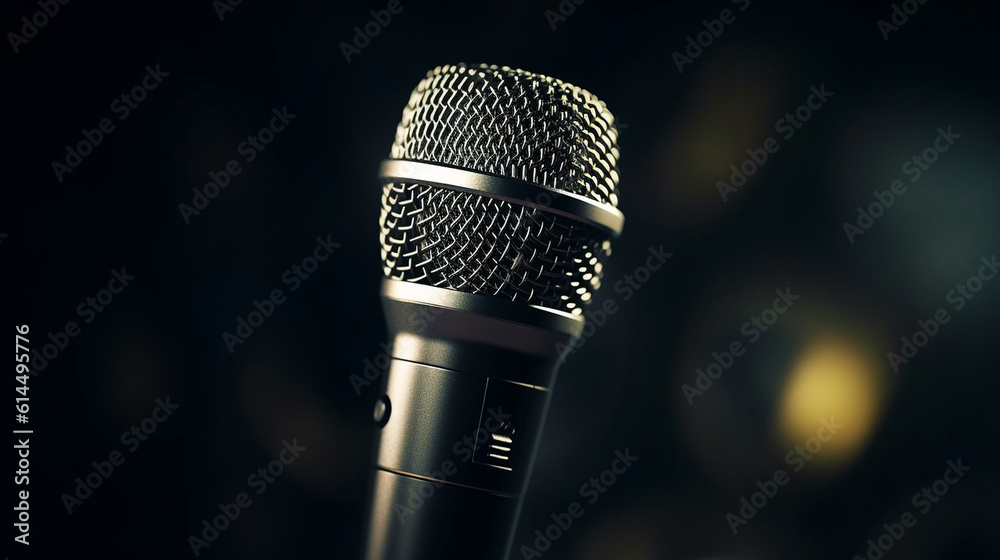 Mikrofon auf der Bühne mit unscharfem Hintergrund, Retro Mikro mit klassischem Klangcharakter, ai generativ Mikrofon auf der Bühne mit unscharfem Hintergrund, Retro Mikro mit klassischem Klangcharakter, ai generativ