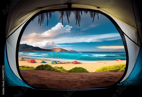 View from the tourist tent, tourist's point of view. Beach and sea shore. AI generated. © serperm73