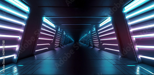 3d rendering bright metal corridor with neon light