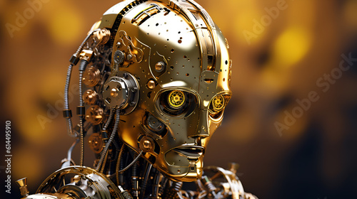 Shining steampunk robot portrait in cinematic style