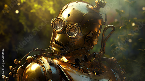 Shining steampunk robot portrait in cinematic style