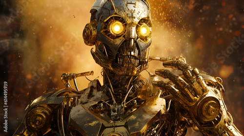 Shining steampunk robot portrait in cinematic style