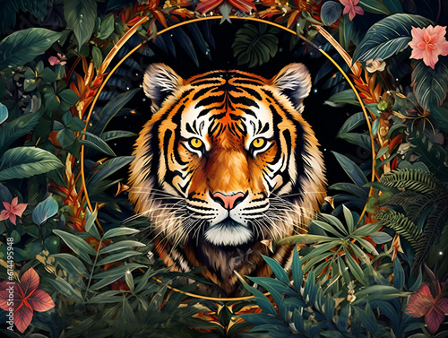 Tiger portrait in jungle, art deco style
