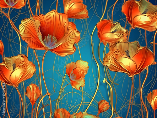 Red poppies in art deco style, art design