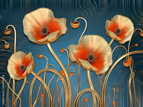 Red poppies in art deco style