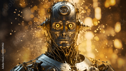 Shining steampunk robot portrait in cinematic style