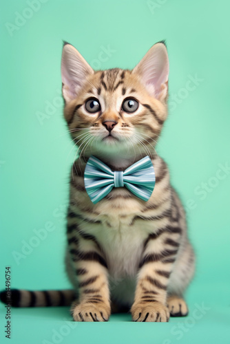 Bengal cat kitten with bowtie on pastel green background