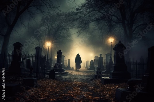 A close - up photograph depicting a spooky Halloween scene in a dark, moonlit graveyard. Generative AI