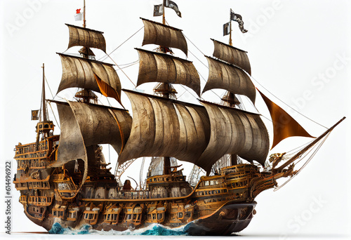 Photorealistic pirate schooner or sailing ship in 16th-17th century style on a white background. AI generative.