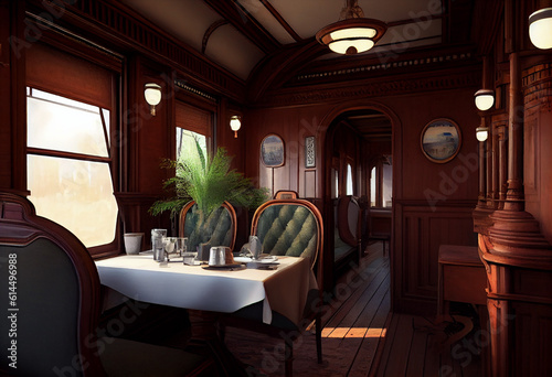 Restaurant car in the style of the 19th century. The interior of an expensive train. AI generative.