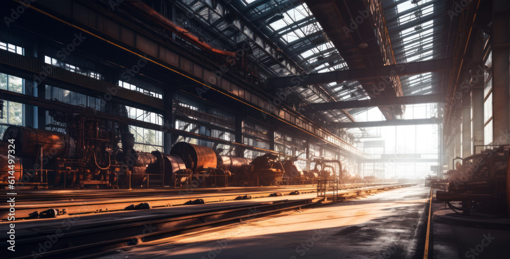 Large hall with heavy machinery, glowing metal and sparks - metallurgical factory as imagined by Generative AI