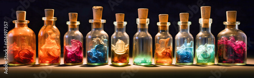 Vintage different small bottles with colorful liquids and small objects in them