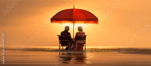 An older couple sitting under an umbrella on the beach at sunset. Retirement concept.