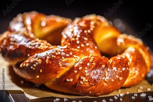A close - up photo of a traditional Oktoberfest pretzel, freshly baked and golden brown. Generative AI