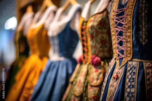 A close - up photo of a group of traditional Oktoberfest dirndl dresses  showcasing their vibrant colors and intricate details. Generative AI