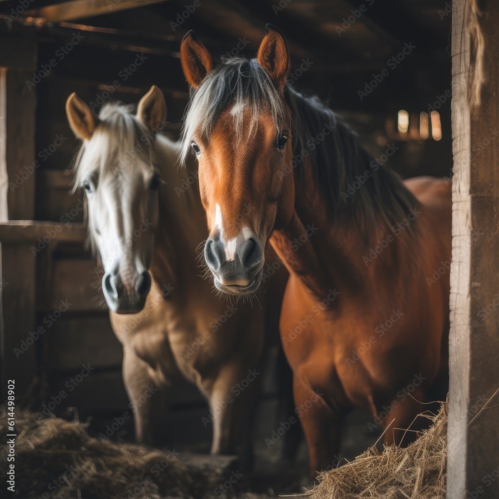 Naklejka premium Adorable horses, Portrait of an adorable brown horse with a white face in wooden stable.
