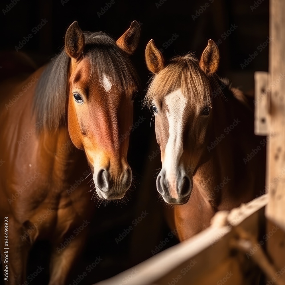 Obraz premium Pony horse looks out of an old wooden stable, Animal.