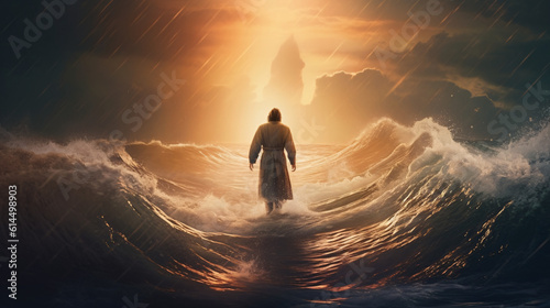 jesus walks on water towards the setting sun photo