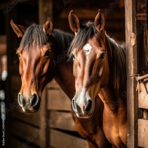 Adorable horses, Portrait of an adorable brown horse with a white face in wooden stable. © visoot