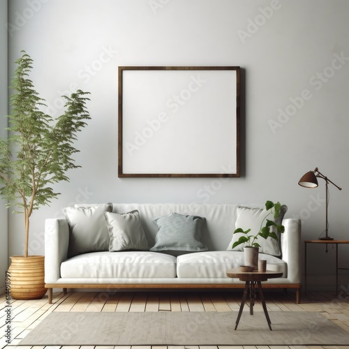 Poster mockup with frame on empty wall in living room interior. © visoot