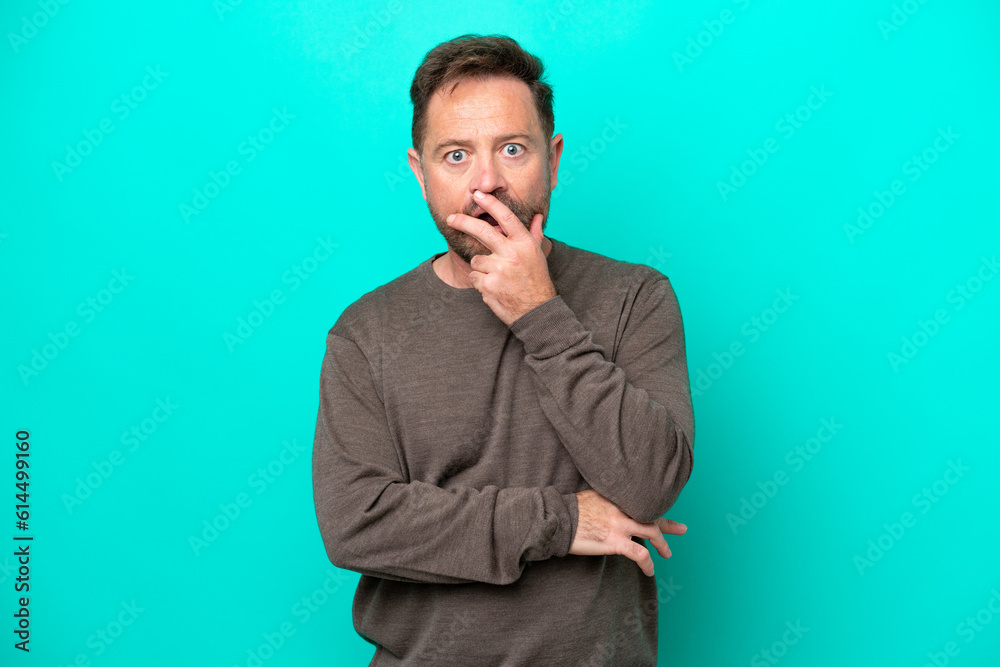 Middle age caucasian man isolated on blue background surprised and shocked while looking right Middle age caucasian man isolated on blue background surprised and shocked while looking right