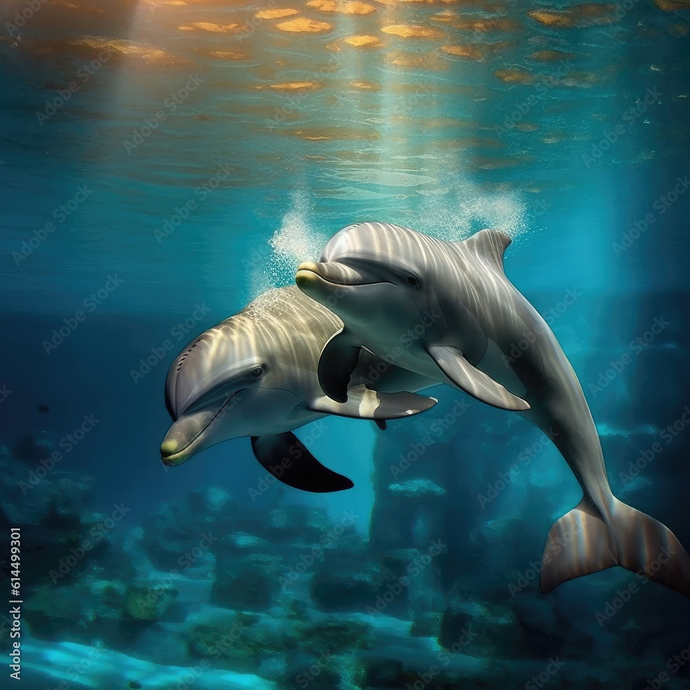Fototapeta premium Ocean Life, Two dolphins playing under the sea.