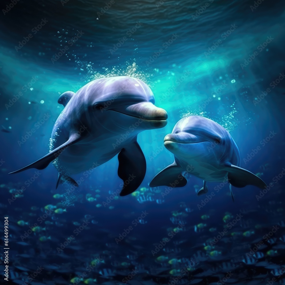 Naklejka premium Lovely dolphin playing together in underwater marine world.